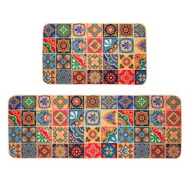 JDGHGB Mexican Talavera Kitchen Rugs Sets of 2,Tile Print Colorful Kitchen Rugs Non Slip Washable Mexican Talavera Decor for Home Kitchen Laundry