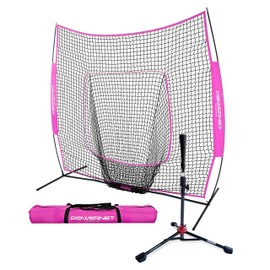 PowerNet Baseball Softball Practice Net 7x7 with Travel Tee | Practice Hitting, Pitching, Batting, Fielding | Portable, Backstop, Training Aid, Large Mouth, Bow Frame | Training Equipment Bundle