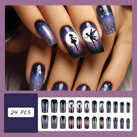 24 PCS Press on Nails Dark Elf Fake Nails Medium Fake Nails Gifts for Women and Girls (No.37)