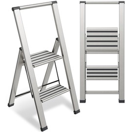 Step Ladder 2 Step Folding, Decorative - Modern Beautiful Aluminum, Ultra Slim Profile, Anti Slip Steps, Sturdy-Portable for Home, Office, Kitchen, Photography Use,by SORFEY