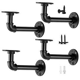 Industrial Pipe Shelf Brackets for 8 10 12 14 inches Board, Iron L Pipe Floating Shelf Bracket Heavy Duty Metal Shelving Brackets for Shelves- 4 Pack Black