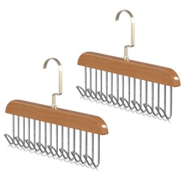 Belt Holder Wardrobe, Pack of 2 Wooden Hangers, Tie Holder with 8 Hooks, 360 Degree Rotating Tie Hanger, Non-Slip Belt, Scarf Organiser, Storage