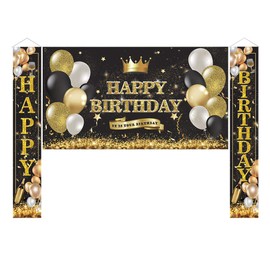 Birthday Party Banner Decorations Set, Include Fabric Happy Birthday Porch Sign and Extra Large Backdrop Banner Hanging Sign Poster, Photo Booth Background Supplies (3PCS)