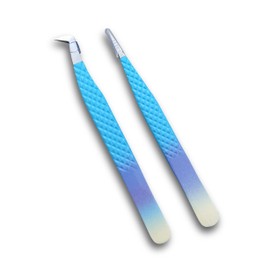 Eyelash Tweezers-2 Pieces Diamond Grip Eyelash Extensions Tweezers With Silver Tip-COSSMOO Straight And Angled Curved L-Shape Volume Tweezers For Lashes Extension, Lash Tweezers For False Lash, Blue