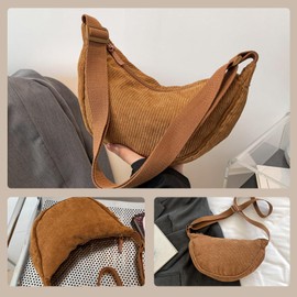 APMGONT Corduroy Crescent Bag for Women, Corduroy Hobos Crossbody Bag, Cross body Dumpling Bag with Adjustable Shoulder Strap for Travelling, Work, School and Daily Use (Brown)