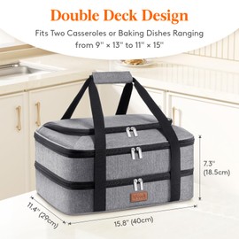 Lifewit Double Decker Casserole Carrier for Hot and Cold Food, Insulated Casserole Dish Carrier Carrying Case with Tool Room, Thermal Bag for Potluck Parties Cookouts Fits 9"×13" Baking Dish, Gray