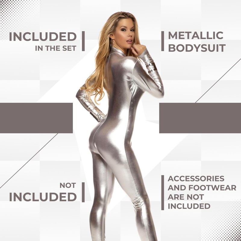 Forplay Women's Metallic Zip Front Mock Neck Catsuit, Silver, Large/X-Large