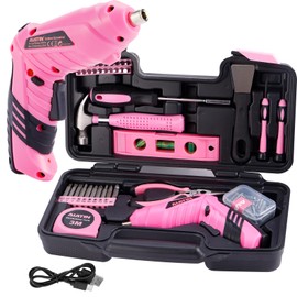 ALATIN Pink Tool Set for Women, 136 PCS Household Tool Kit with 3.6V USB Electric Screwdriver, Cordless Lithium-ion Drill Driver, Home Improvement Hand Tools for DIY Projects