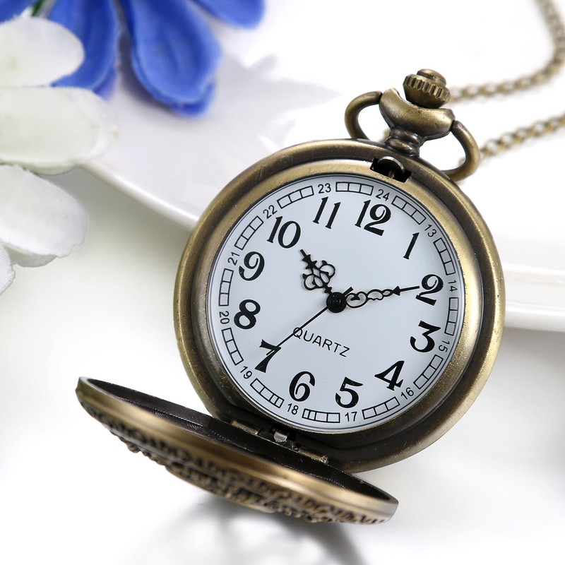 JewelryWe Vintage Brass Pocket Watch with Compass Necklace Twelve Constellation