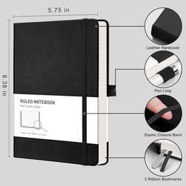 RETTACY Notebook Lined A5, Journal Diary with 192 Numbered Pages, 100 gsm Notebooks, Inner Pocket, Hardcover Book for Office, School, Work, Women, Men, 14.8 x 21 cm, Black