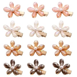 MIAO JIN 12Pcs Crystal Hair Clips Pearls Alligator Hairpins Small Mini Flower Hair Barrettes for Women's and Girls Hair Accessories