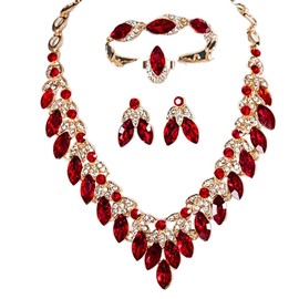 Zthread Crystal Rhinestone Bridal Jewelry Set, 4 Pieces, Necklace Earrings Bracelet Ring, Floral Statement Design (Red)