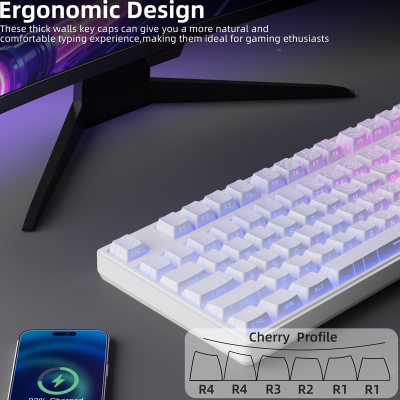 White Topographic PBT Keycaps,97 Key Caps Set Side Printed,No Tear