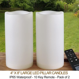 HOME MOST Pack of 2 Large Outdoor LED Pillar Candles 4x8 White with Timer and Remote – IP65 Waterproof Battery Operated LED Pillar Candles - Flickering Flameless Pillar Candles Unscented for Outside