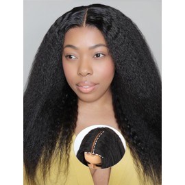 Domiso Max Part 10x7 M-Cap Kinky Straight Glueless Wigs Human Hair Pre Plucked Pre Cut Wear and Go Glueless Wig HD Lace Front Wigs Human Hair 200% Density Pre Bleached Knots 18 Inch