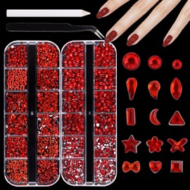 Snmzlc 2 Boxes mini Nail Art Rhinestones Multi Shape Nail gem Design Charm 3D Star Heart Water Drop Butterfly Moon Square Diamond red Mix DIY Acrylic Nail kit US279 (red)