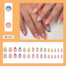 Teilihai 30 Pcs French Gel Nail Tips - Bright Multi-Color French Tip Press On Nails, Short Almond Shape, Gel Material, Press-On False Nails, 24 Pieces