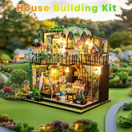 DIY Miniature House Kit Mini House Building Kit with LED Garden House Tiny House Kit with Dust Cover for Christmas Birthday Gifts for Adult - Color: Green