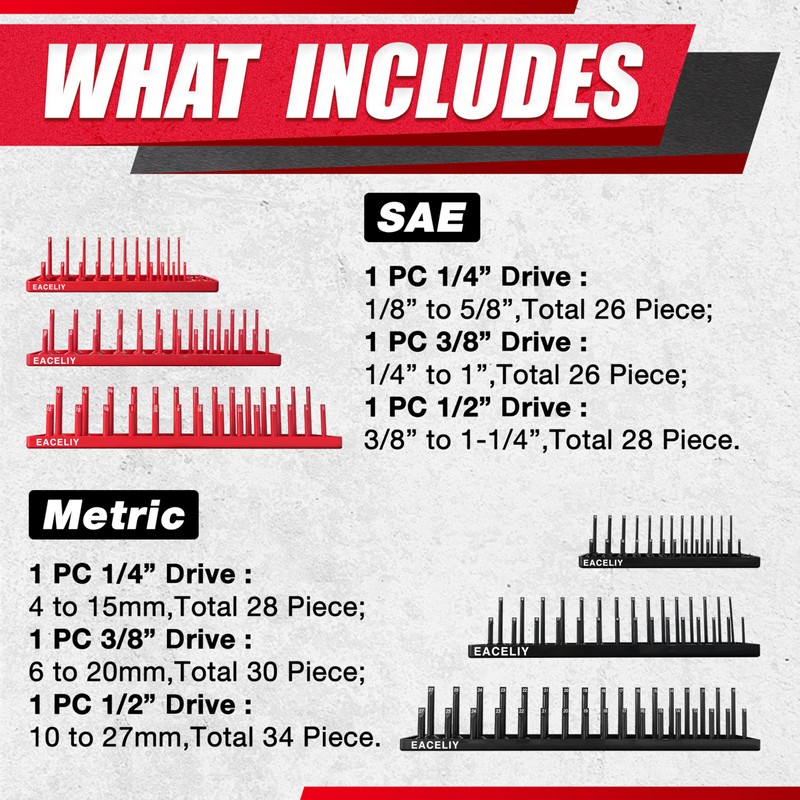 8Pcs Magnetic Socket Organizer Set, 1/2", 1/4" and 3/8" SAE