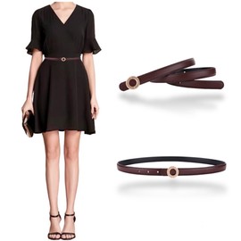 Women's Belt Soft Leather Belts Dress Pants Fashion Waist Belt Gold Alloy Round Shape Buckle Waistband, 2-pack, Beige & Dark-brown, For Waist 28"- 34", Women Size S-M, 4-6