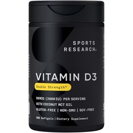 Sports Research Vitamin D3 2000 IU with Coconut MCT Oil - Double Strength Vitamin D Supplement - Non-GMO Verified, Gluten & Soy Free – 50mcg, 360 Liqu