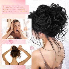 Hairpiece with Elastic Band, Large Bun Hairpiece, Curly Hair Scrunchie, Hair Updo Hair Extensions, Messy Bun Hairpieces with Braids, Bridal Hairstyles, Voluminous, Curly, Messy Bun, 45 g, Black