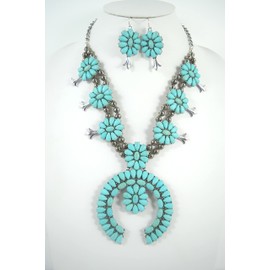 Skelapparel Southwestern Style Round Naja Blue Squash Blossom Statement Necklace and Earrings Set