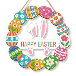 Rutiyoka Easter Decoration Wooden Wreath for Front Door Decor Happy Easter Sign Spring Decoration, Bunny Sign Flower Egg Rabbit Welcome Hanging Signs for Home Wall Decor Party Outdoor Indoor