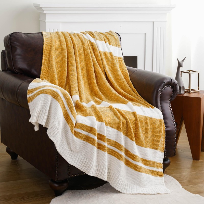 BATTILO HOME Mustard Yellow Throw Blanket for Bed, Soft Chenille