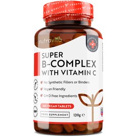 Super Vitamin B Complex - 365 High Strength Tablets (6 Month Supply) - All 8 B Vitamins B1-B2-B3-B5-B6-B12, Biotin, Folic Acid with Vitamin C - Reduces Tiredness & Fatigue - Immune Support - Nutravita