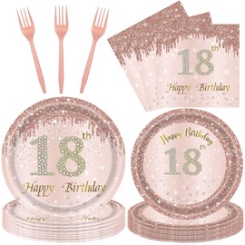 Rose Gold 18th Birthday Tableware Set for Girls - 96 Pcs Disposable Party Supplies Includes Dinner Plates, Napkins & Forks, 18 Year Old Birthday Decorations (Serves 24 Guests)