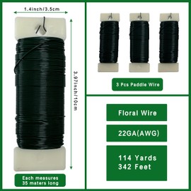 Green Floral Wire 22 Gauge,Christmas Wreaths Tree,Flexible Craft Paddle Wire Florist Green Wire for Crafts，Wreaths Making and Floral Flower Arrangements (Green, 3 Pcs(114 Yards))