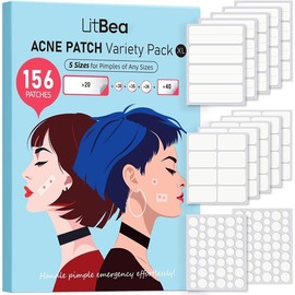 LitBea Large Pimple Patches, 5 Sizes 156 Patches Big Acne Patches, 60 XL Hydrocolloid Bandages for Full Face, Forehead, Chin, Nose, Body, Back, Neck & Chest, Stirp, Square Large hydrocolloid Patch acne cover Skincare Emergency Pore Sensitive Zit - Colour