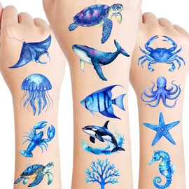 96 PCS Ocean Animals Pre–Cut Temporary Tattoos for Kids, Underwater Sea Creature Tattoos for Birthday Party Supplies Under The Sea Turtle Tattoo Stickers for Kids Boys Girls Party Bag Filler