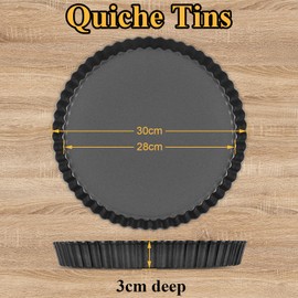 SEGNAYEN Quiche Pan, 30cm Tart Tin with Loose Base, Non-Stick Fluted Round Deep Flan Dish for Baking, Black