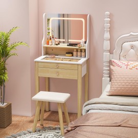 LOKO Small Vanity Desk with Light & Mirror, Makeup Table with 3 Light Modes, Power Outlets & Glass Tabletop, Dressing Table and Cushion Stool with Drawers, Open Shelf for Small Space Bedroom, White