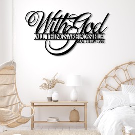 Metal Bible Verses Wall Decor, With God All Things are Possible Metal Wall Decor, Religiosus Scripture Sign, Matthew 19:26, Living Room Office Wall Art, Christian Home Decor Gift (29"x 16"| 76x41cm, Black)