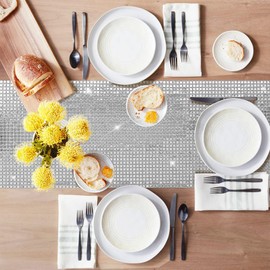 12 x 108 Inches Disco Party Table Runners, Silver Glitter Disco Table Runner Cover Decoration Silver Sparkle Sequin Tablecloth for 80s Disco Dance Party Bachelorette Supplies Dance Wedding Decor.