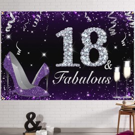 HAMIGAR 6x4ft Happy 18th Birthday Banner Backdrop - 18 & Fabulous Heels Birthday Decorations Party Supplies for Girls - Purple