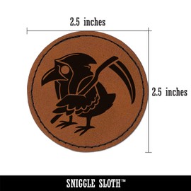 Reaper Raven Hood Scythe Round Iron-On Engraved Faux Leather Patch Applique - 2.5 Inch - Brown