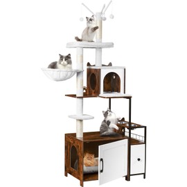 Snughome Cat Tree with Litter Box Enclosure, 3-in-1 Modern Cat Tower for Indoor Cats, Hidden Cat Litter Box Furniture with Cat Condo, Food Station and Hammocks, All-in-one Cat Furniture, Rustic Brown