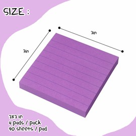 Lined Sticky Notes 3x3 Sticky Notes with Lines Self-Stick Notes Bright Color 4 Pads 90 Sheets/Pad (Purple)