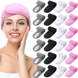 24 Paquetes Diademas Faciales de Spa Cinta de Maquillaje de Felpa para Lavarse Cara Ducha Baño Envoltura Deporte Toalla Elástica con Gancho y Bucle Antideslizante, Blanco, Rosa, Gris, Negro