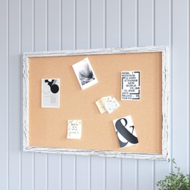 HBCY Creations Wall Mount Whitewashed Cork Board - 20" W x 30" H - 6 Wooden Push Pins - Solid Pine Wood Frame - for Kitchen, Classrooms, Restaurant Menus and More!