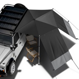 SKYJDM Portable Car Awning for SUV/Truck RV, Shade Waterproof Roof Rack Awning with Side Wall, Heavy Duty Magnets, Suction Cups & Reinforced Poles for Overland, Camping, Beach, Tailgating (Black)