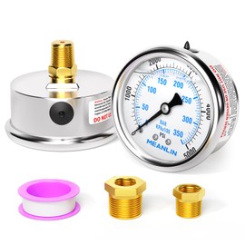 MEANLIN MEASURE 0~5000Psi Stainless Steel 1/4" NPT 2.5" FACE DIAL Liquid Filled Pressure Gauge WOG Water Oil Air Center Back Mount, with 1/2" NPT and 3/8" NPT Hex Bushing