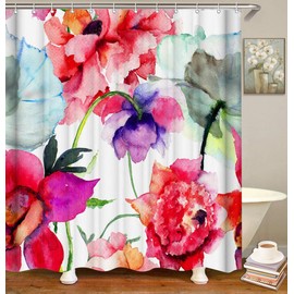 LIVILAN Floral Shower Curtain, Flower Shower Curtain, Red Shower Curtain Set with 12 Hooks, Red and Purple Watercolor Shower Curtains, Waterproof Peony Shower Curtain Decor, 72" W x 72" H