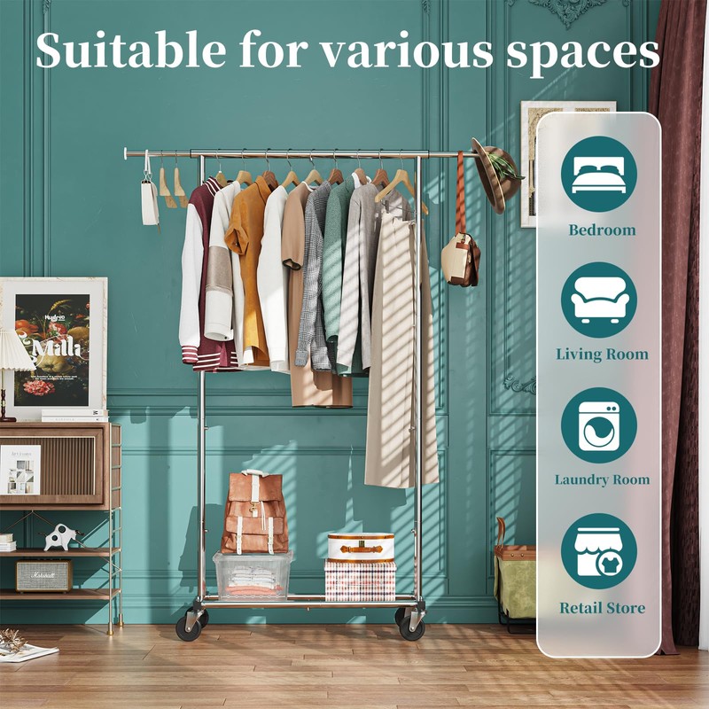 Simple Trending Standard Rod Clothing Garment Rack, Rolling Clothes Organizer