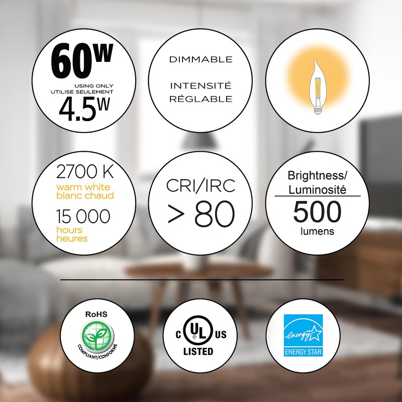 Luminus 4.5W LED 500 Lumens B10 E26 Dimmable Filament FL