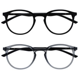 OPULIZE Met MM60-17 -2.00 Long Distance Glasses Pack of 2 Myopia Slim Round Frame Spring Hinges Scratch-Resistant Black Transparent Grey Men Women
